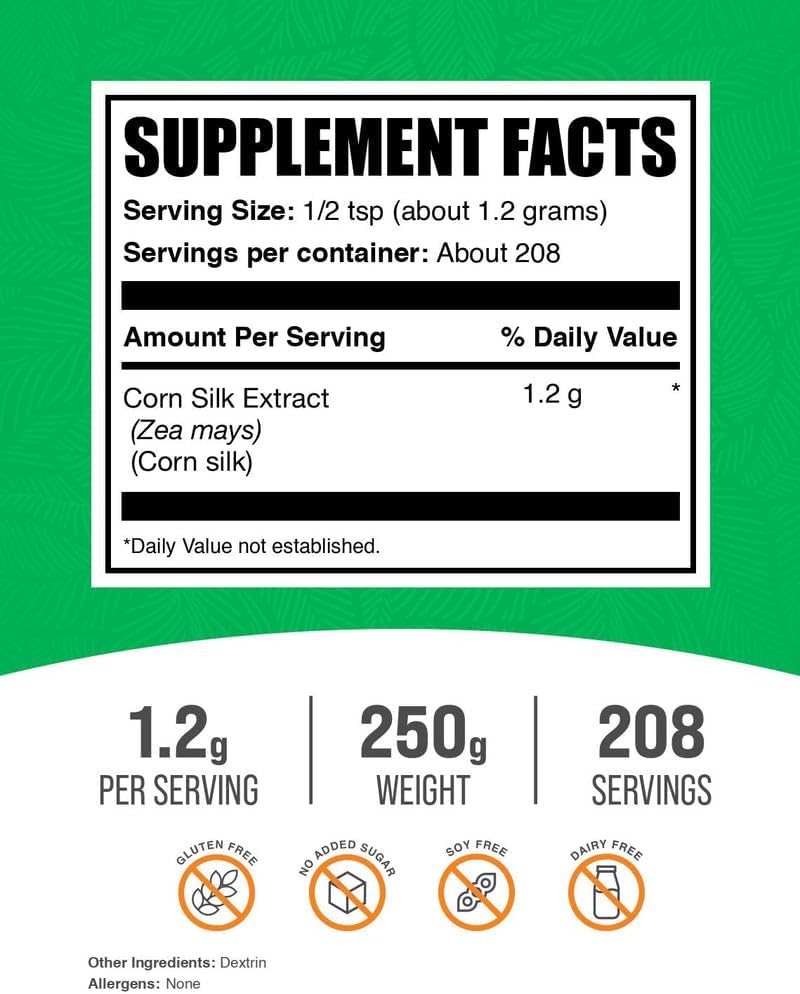 BulkSupplements.com Corn Silk Extract Powder - Zea Mays Extract - Vegan & Gluten-Free, 1.2g per Serving, 250g (Pack of 1) - görsel 2