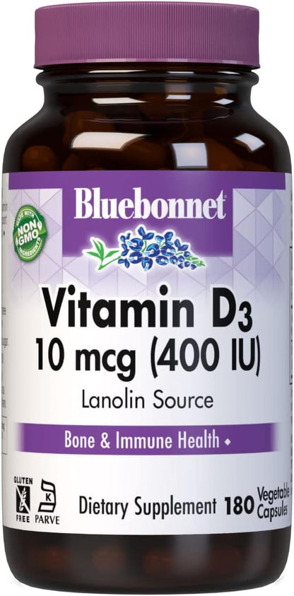 Bluebonnet Nutrition Vitamin D3 400 IU - Vegetable Capsules, 180 Capsules