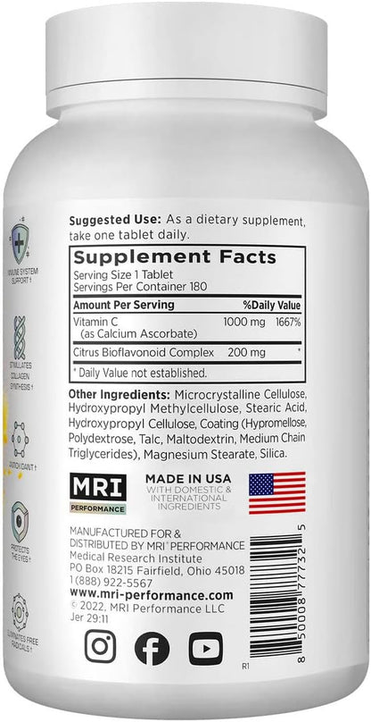 MRI Vitamin C 1000mg, Immune and Skin Health, with Bioflavonoids (180 Tablets)