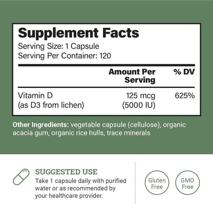 Earth Harmony Naturals Vegan Vitamin D3 5000 IU Supplement - 120 Capsules