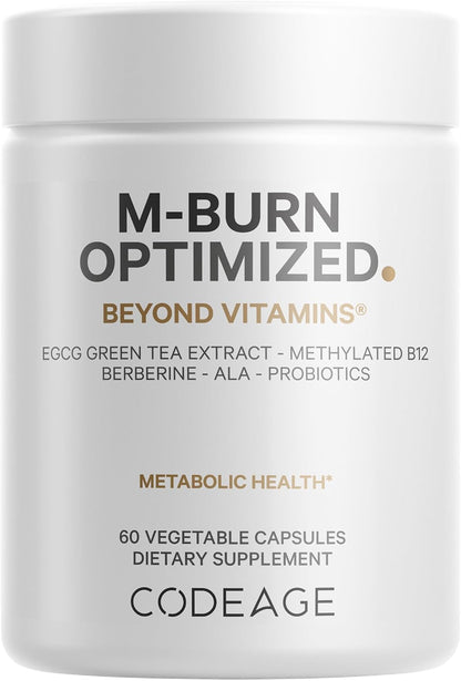 Codeage M-Burn Optimised Supplement - Decaffeinated Green Tea (50% EGCG), Berberine, Akkermansia Probiotic, Vitamin B12 - 60 Capsules
