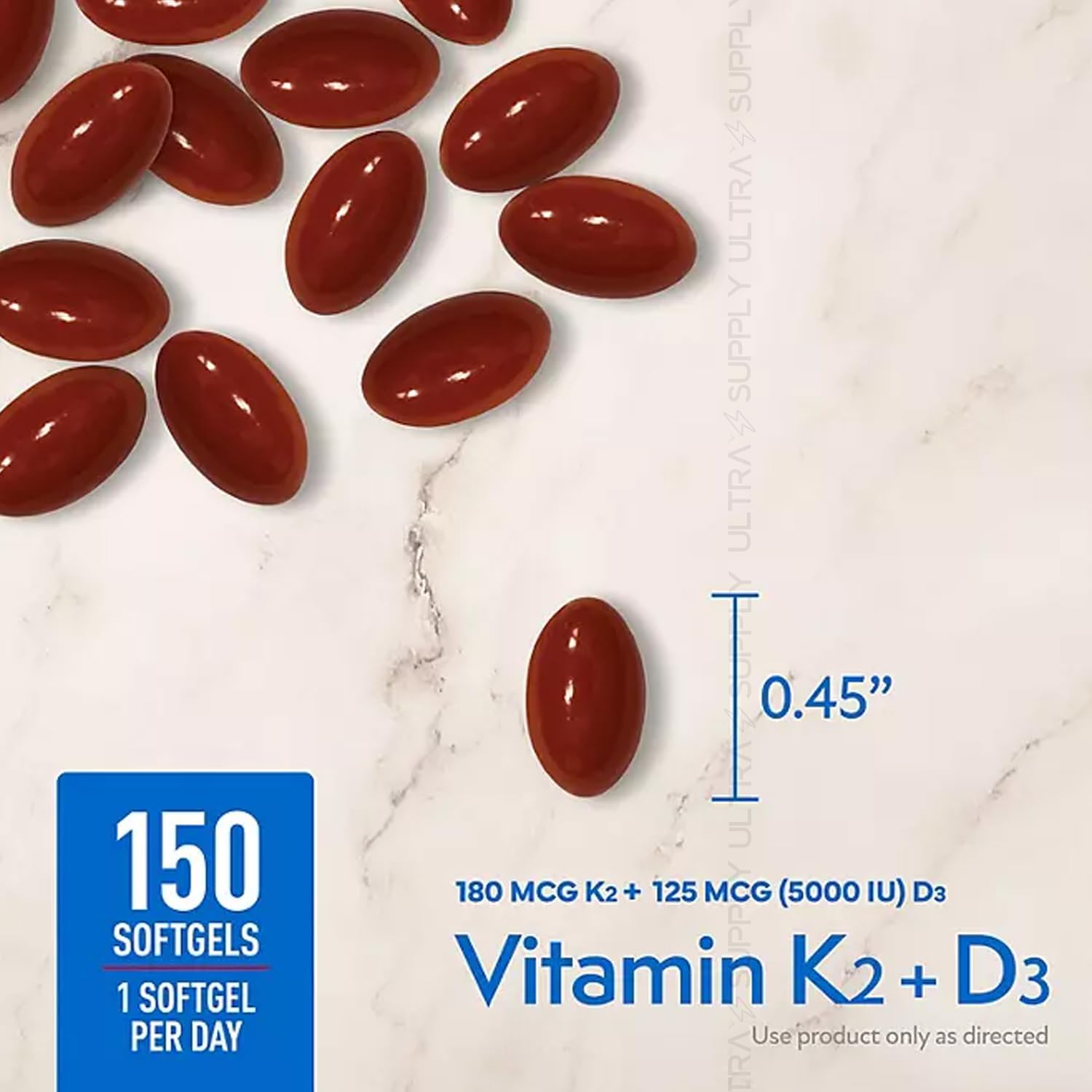 Members Mark Vitamin K2 + D3 (150 Soft gel capsules) - 180 mcg K2 (MenaQ7 MK-7) & 125 mcg (5000 IU) D3 - Bone, Heart & Immune Support - görsel 4