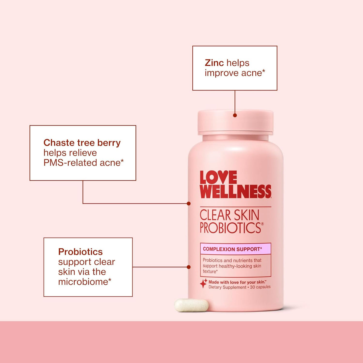Love Wellness Clear Skin Probiotic – Hormonal Acne Support with Zinc, Bifidobacterium Longum & Chaste Tree, 30 Capsules - görsel 4