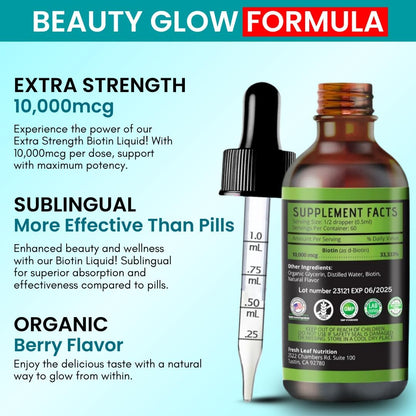 Vitboost Liquid Biotin Drops 10,000mcg - Extra Strength Vegan Formula with Organic Berry Flavour for Hair, Skin and Nails - 60 Servings