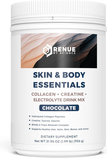 Renue By Science Skin & Body Essentials - Collagen Peptides, Electrolytes, Creatine & BCAA Powder, Chocolate