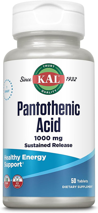 KAL Pantothenic Acid 1000mg – Sustained Release Vitamin B5 (Vegan, 50 Tablets)