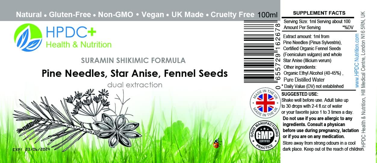 HPDC+ Health & Nutrition Sura-Max Suramin Shikimic Acid – Pine Needles, Star Anise, Fennel – Tincture Extract – 100 ml (3.38 fl oz) - görsel 1