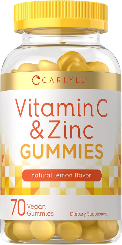 Carlyle Vitamin C and Zinc Gummies | 70 Count | Lemon Flavour | Vegan, Non-GMO, and Gluten-free Supplement