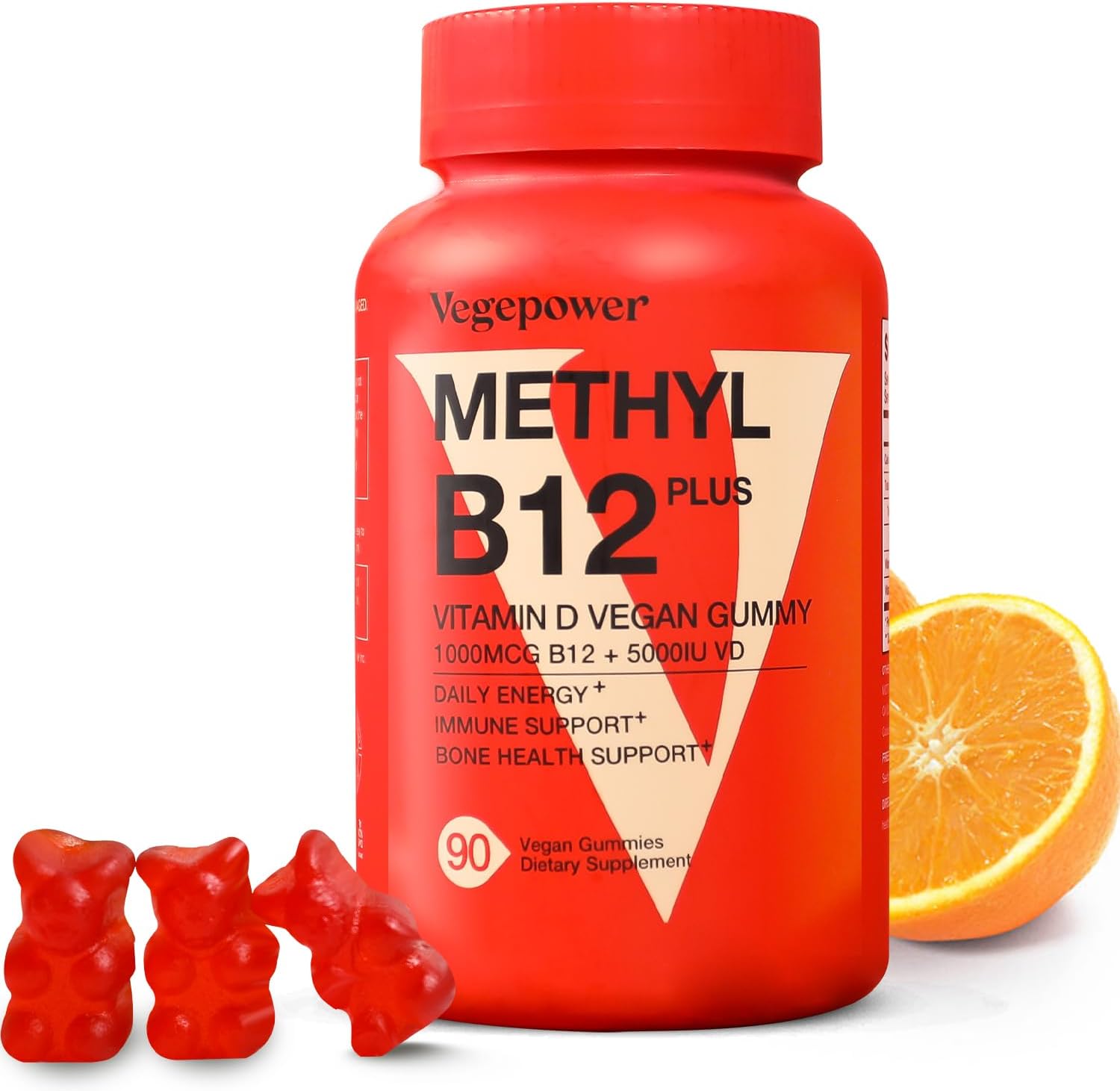 VEGEPOWER Vitamin B12 1000 mcg Gummies for Adults - Vegan Methyl B12 & D3 5000 IU - Orange Flavour 180 Bears - görsel 9