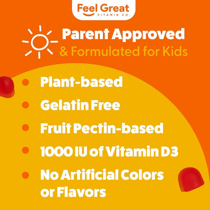 Feel Great Kids Vitamin D3 1000 IU Gummies (2-Pack) | Citrus Flavoured Vegetarian D3 for Immune & Bone Health