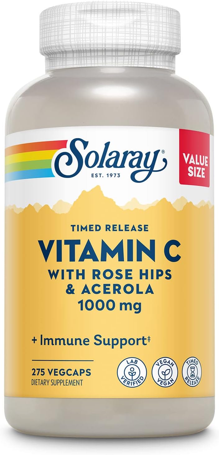 SOLARAY Vitamin C 1000mg - Time Release Vitamin C Capsules with Rose Hips and Acerola - Vegan, 275 VegCaps - görsel 1