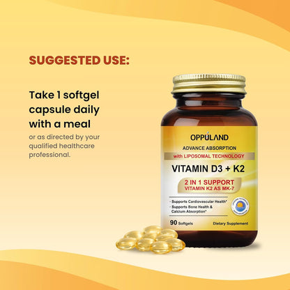 Oppuland Vitamin D3 + K2 5000 IU with Liposomal Technology - MK-7 100µg - 90 Softgels