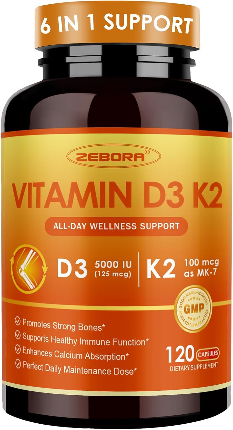 ZEBORA Vitamin D3 K2 5000 IU, 6-in-1 Supplement for Bone & Immune Support, with Magnesium, Calcium, Phosphorus & Vitamin C, 120 Capsules - görsel 1