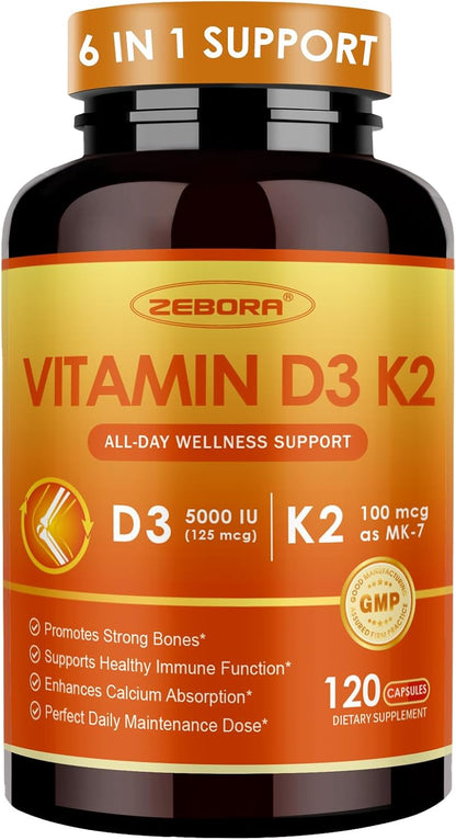 ZEBORA Vitamin D3 K2 5000 IU, 6-in-1 Supplement for Bone & Immune Support, with Magnesium, Calcium, Phosphorus & Vitamin C, 120 Capsules