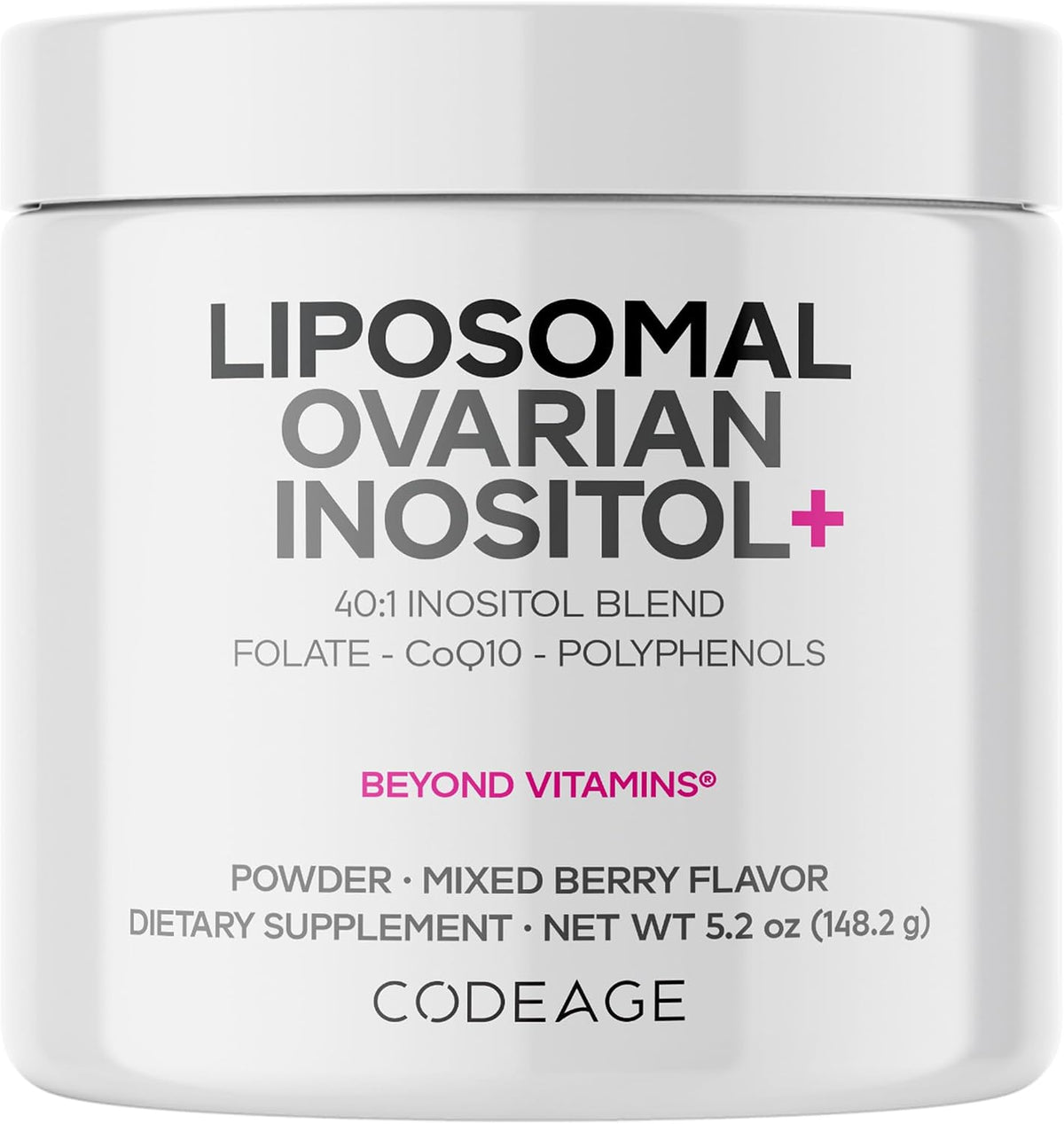 Codeage Liposomal Ovarian Inositol Powder – Myo-Inositol & D-Chiro-Inositol 40:1 Blend with Folate 5-MTHF, CoQ10, Mixed Berry Flavour – 60 servings - görsel 1