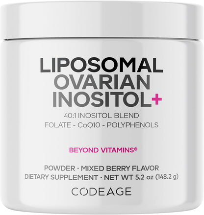 Codeage Liposomal Ovarian Inositol Powder – Myo-Inositol & D-Chiro-Inositol 40:1 Blend with Folate 5-MTHF, CoQ10, Mixed Berry Flavour – 60 servings