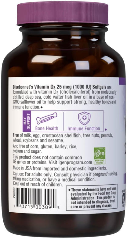 Bluebonnet Nutrition Vitamin D3 1000 IU Softgel Capsules, 250 Count