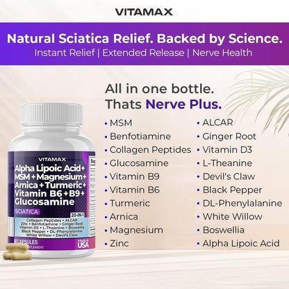 Sciatic Nerve Health Support – Supplement with Folic Acid, Glucosamine, MSM, Vitamin B Complex, Alpha Lipoic Acid – 60 Capsules