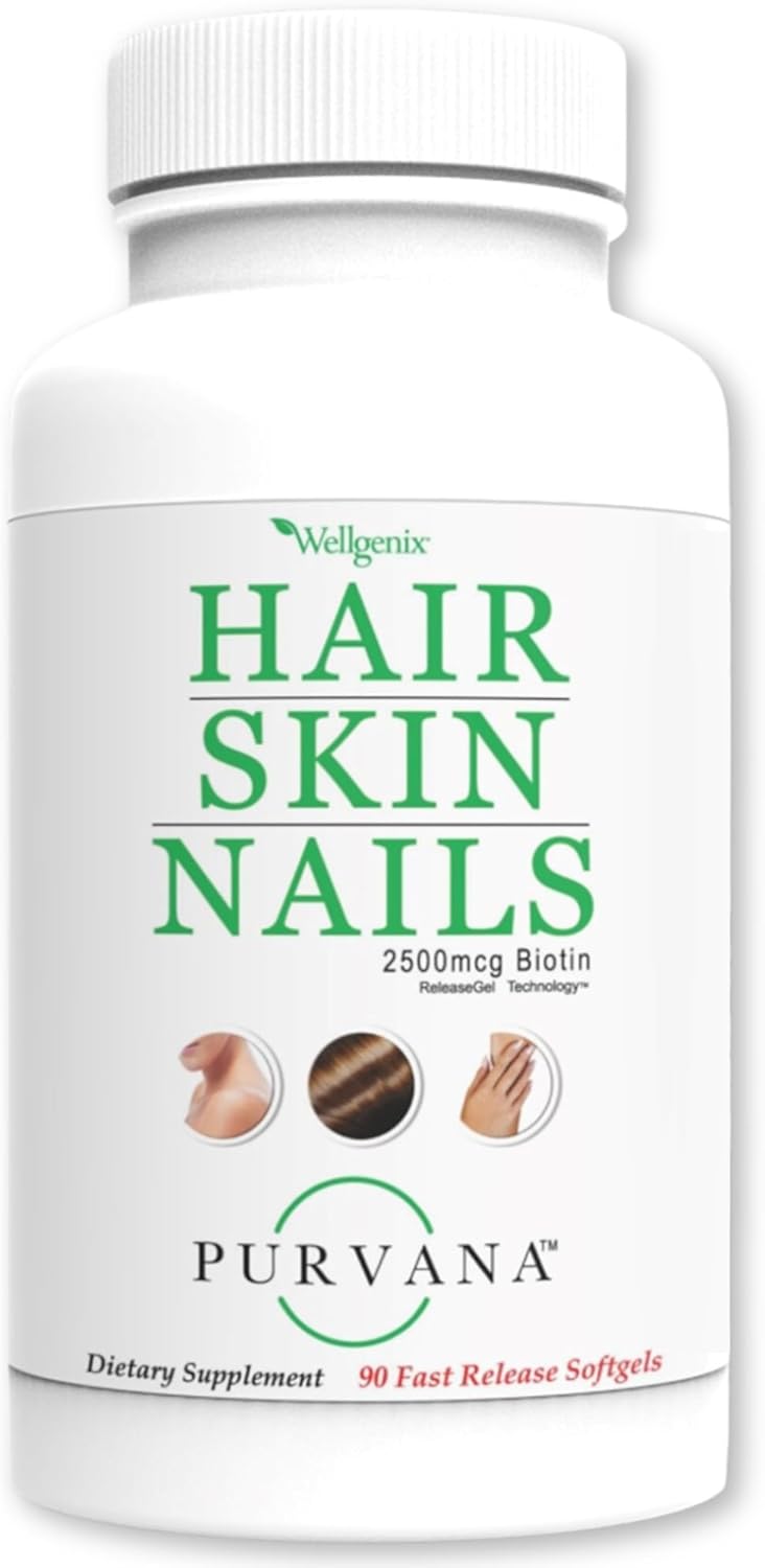 Wellgenix Purvana Hair, Skin and Nails Supplement – 2500mcg Biotin with MSM & B-Complex, 90 Softgels - görsel 1