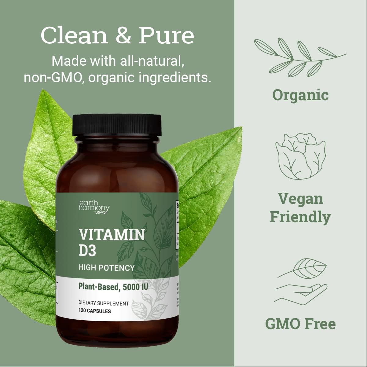 Earth Harmony Naturals Vegan Vitamin D3 5000 IU Supplement - 120 Capsules - görsel 5
