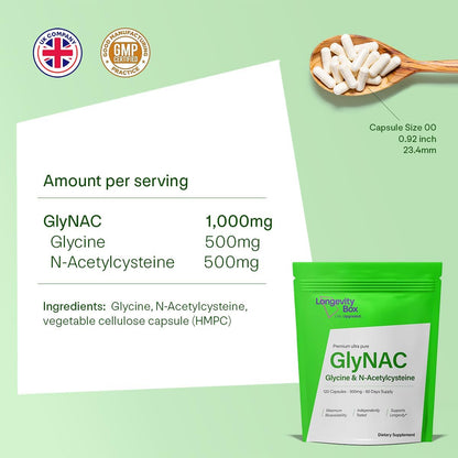 Ultra Pure GlyNAC Supplement 1000mg (500mg Glycine + 500mg N-Acetyl Cysteine) - Glutathione Precursor for Healthy Ageing, Energy & Cellular Protection - 120 Vegan Capsules