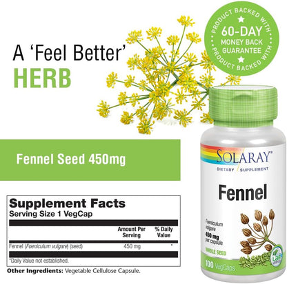 SOLARAY Fennel Seed 450mg - Digestive Support & Fresh Breath - Non-GMO, Vegan - 100 Vegetable Capsules