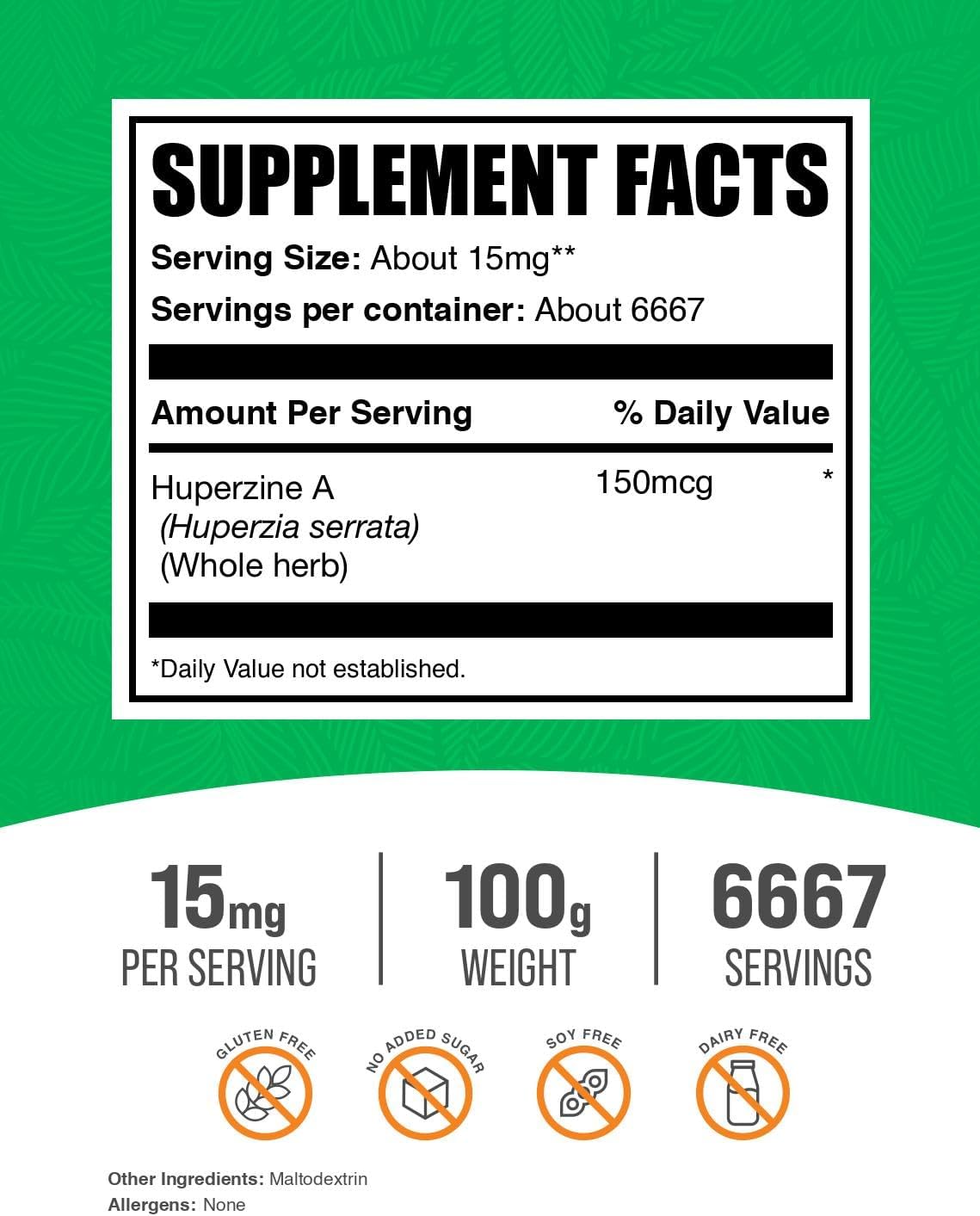 BulkSupplements.com Huperzine A Powder - Huperzia Serrata Powder - Nootropic Food Supplement, Gluten-free, 15mg per Serving, 100g (3.5 oz) - görsel 2