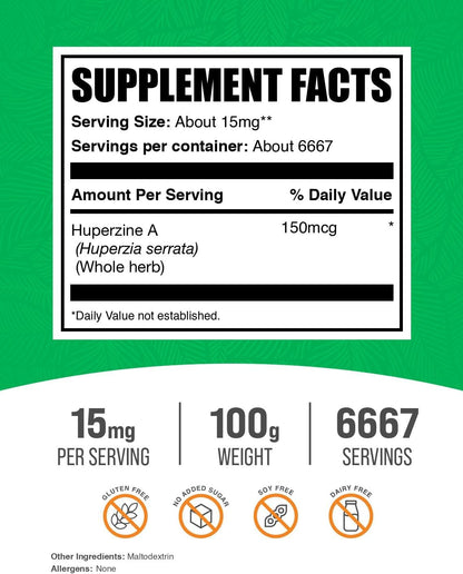 BulkSupplements.com Huperzine A Powder - Huperzia Serrata Powder - Nootropic Food Supplement, Gluten-free, 15mg per Serving, 100g (3.5 oz)