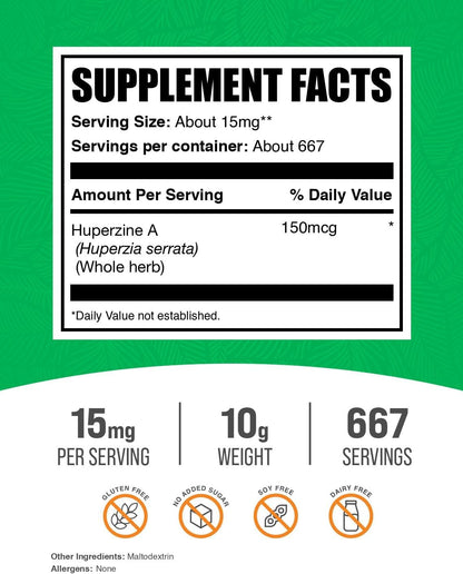 BulkSupplements Huperzine A Powder – Nootropic Brain Supplement (15 mg per Serving, 10 g)