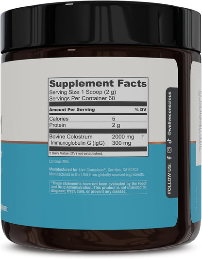 Live Conscious Colostrum Powder: Grass-Fed Bovine Colostrum with Lactoferrin for Immune and Gut Support