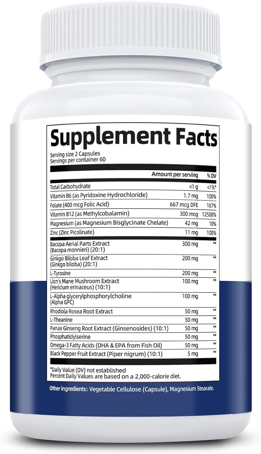 Brain Supplement for Memory & Focus - Nootropic with Bacopa Monnieri, Lion's Mane, Alpha GPC, and Phosphatidylserine - 120 Capsules - görsel 10