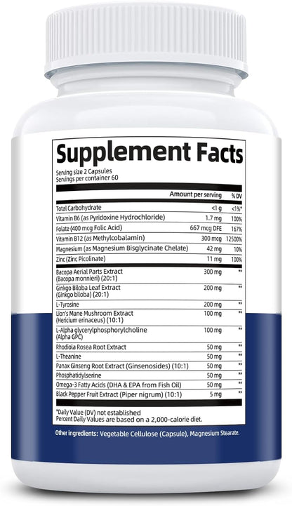 Brain Supplement for Memory & Focus - Nootropic with Bacopa Monnieri, Lion's Mane, Alpha GPC, and Phosphatidylserine - 120 Capsules