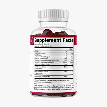 Vitamatic Beetroot Gummies with B6, B12, Grape Seed, Pomegranate & Niacin – Plant-Based Extract – Vegan, Non-GMO – 120 Count