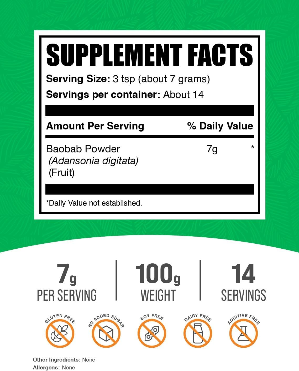 BulkSupplements.com Baobab Fruit Powder - Antioxidant Supplement, Gluten-free, 7g per Serving, 100g (3.5 oz) - görsel 2