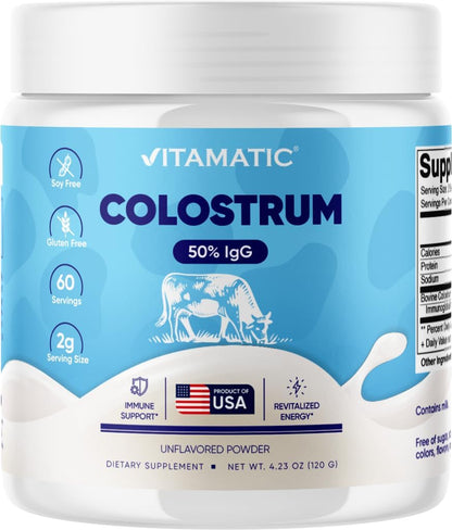 Vitamatic Bovine Colostrum Powder - 50% IgG, Unflavoured - 120g (60 Servings)