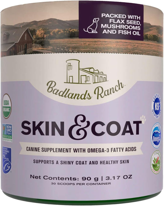 Badlands Ranch Skin & Coat Canine Supplement – Omega-3, Organic Ingredients, Powder for Dogs (30 Scoops)