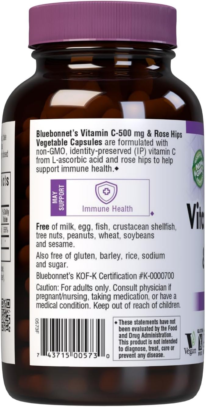 Bluebonnet Vitamin C 500 mg Plus Rosehips – 180 Vegetable Capsules - görsel 3