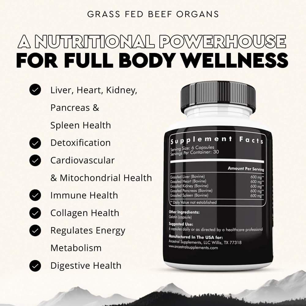 Ancestral Supplements Grass-Fed Beef Organ Supplement – Whole Body Wellness Blend, 180 Capsules - görsel 3