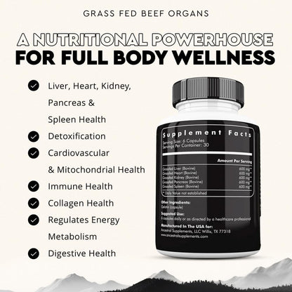 Ancestral Supplements Grass-Fed Beef Organ Supplement – Whole Body Wellness Blend, 180 Capsules