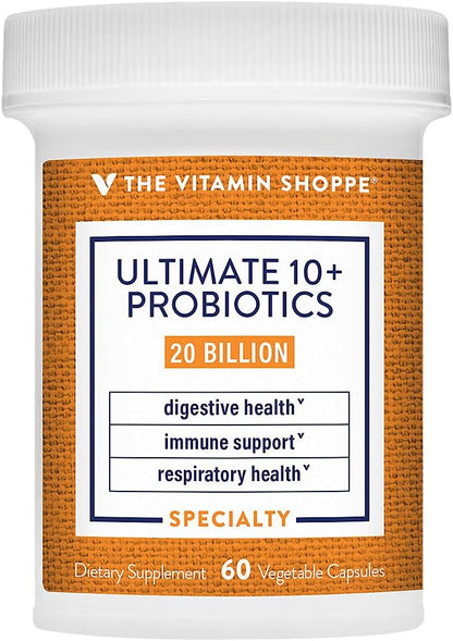 The Vitamin Shoppe Ultimate 10+ Probiotics 20 Billion CFU - 10 Probiotic Strains for Digestive Health, Immune & Gut Support (60 Vegetable Capsules)
