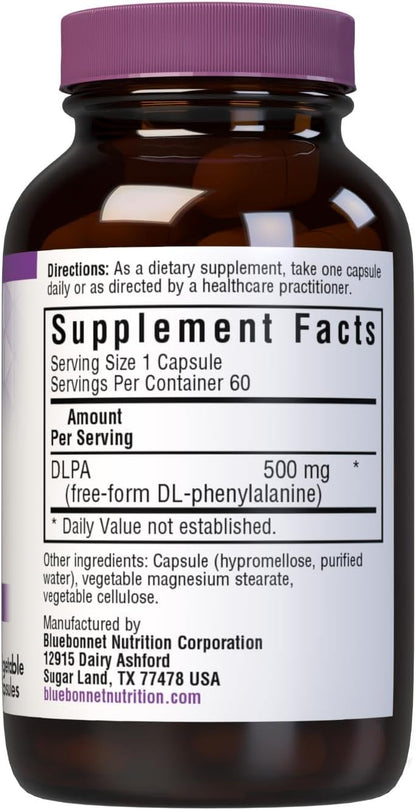 Bluebonnet Nutrition DL-Phenylalanine (DLPA) 500 mg – Free-Form Amino Acid for Nervous System Function – 60 Vegan Capsules