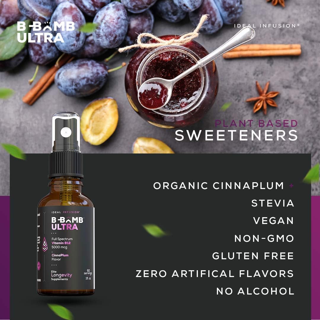 Ideal Infusion B-Bomb Triple B12 Liquid Spray - 5000 mcg Methylcobalamin, Adenosylcobalamin, Hydroxocobalamin - Nerve & Energy Support - Sugar Free, Keto Friendly (Organic CinnaPlum) - görsel 5