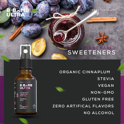 Ideal Infusion B-Bomb Triple B12 Liquid Spray - 5000 mcg Methylcobalamin, Adenosylcobalamin, Hydroxocobalamin - Nerve & Energy Support - Sugar Free, Keto Friendly (Organic CinnaPlum)