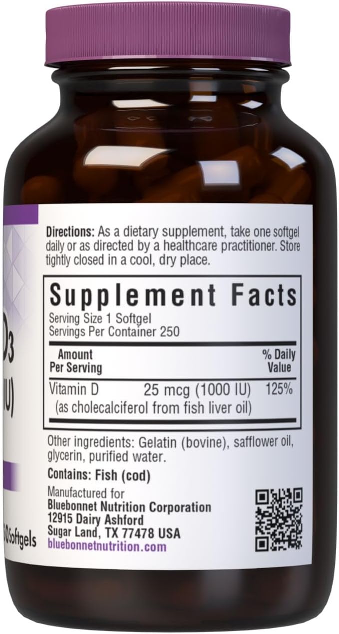 Bluebonnet Nutrition Vitamin D3 1000 IU Softgel Capsules, 250 Count - görsel 2