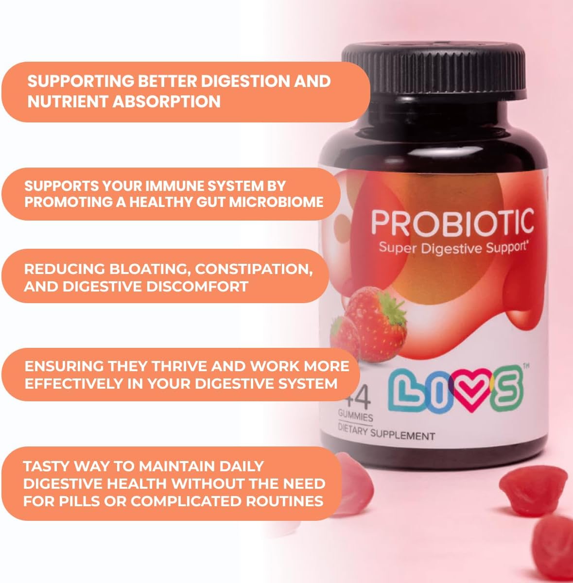 LIVS Probiotic Gummies – 5 Billion CFU Bacillus Coagulans for Digestive Gut Health, Mood Support & Immune Boost, Plant-Based Vegan, Strawberry Flavour (44 Count) - görsel 4