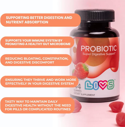 LIVS Probiotic Gummies – 5 Billion CFU Bacillus Coagulans for Digestive Gut Health, Mood Support & Immune Boost, Plant-Based Vegan, Strawberry Flavour (44 Count)