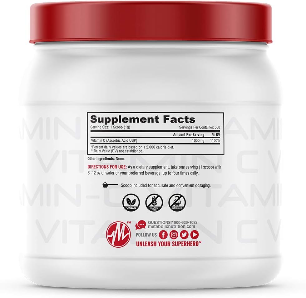 Metabolic Nutrition Vitamin C 1000mg Pure Pharma Grade Ascorbic Acid Powder (500g) - görsel 2
