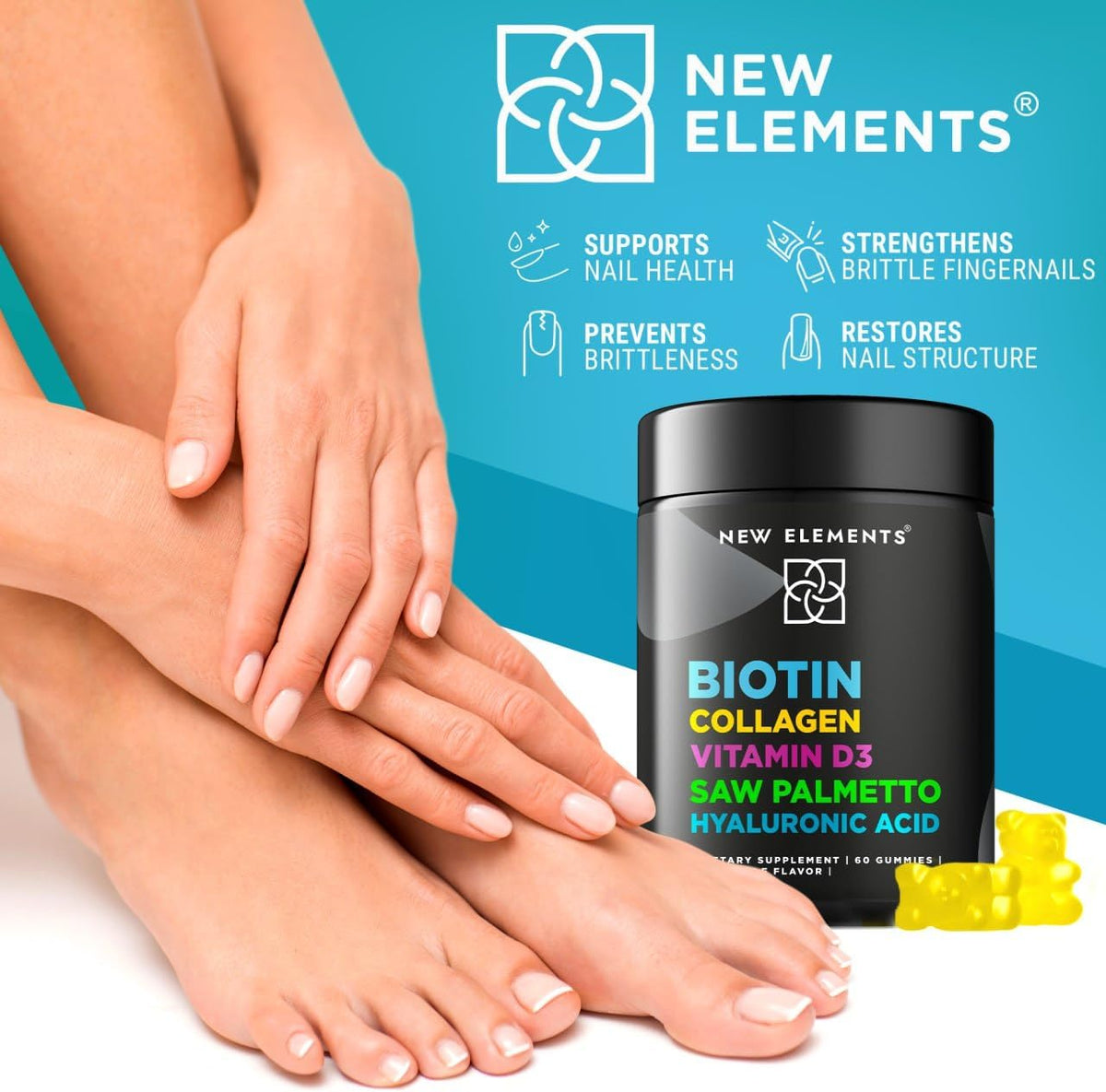 New Elements Biotin Gummies with Collagen, Vitamin D3, Saw Palmetto & Hyaluronic Acid for Hair, Skin and Nails - Non-GMO, Gluten-Free, Natural Pineapple Flavour - görsel 7