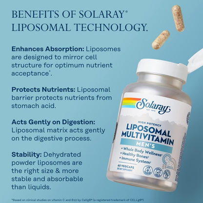 SOLARAY Liposomal Multivitamin for Men – Enhanced Absorption, Immune, Energy & Bone Support, Men's Daily Multi with BCAAs, Vitamin D3, C, B12, Zinc – Vegan, Soya Free, 60 VegCaps