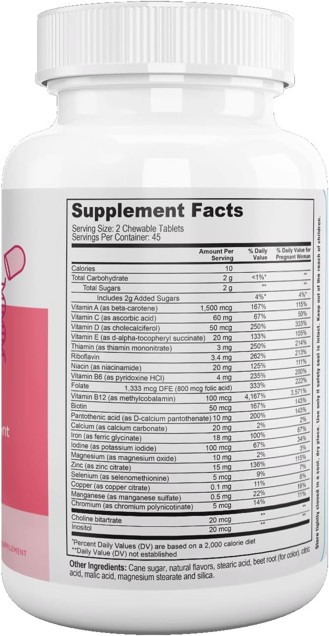 Nutri Supreme Prenatal Vitamin, Chewable Prenatal Vitamins for Women with 800 mcg of Folate, Complete Pregnancy Multivitamin with Iron, Kosher, Cherry Flavour, 90 Count - görsel 2
